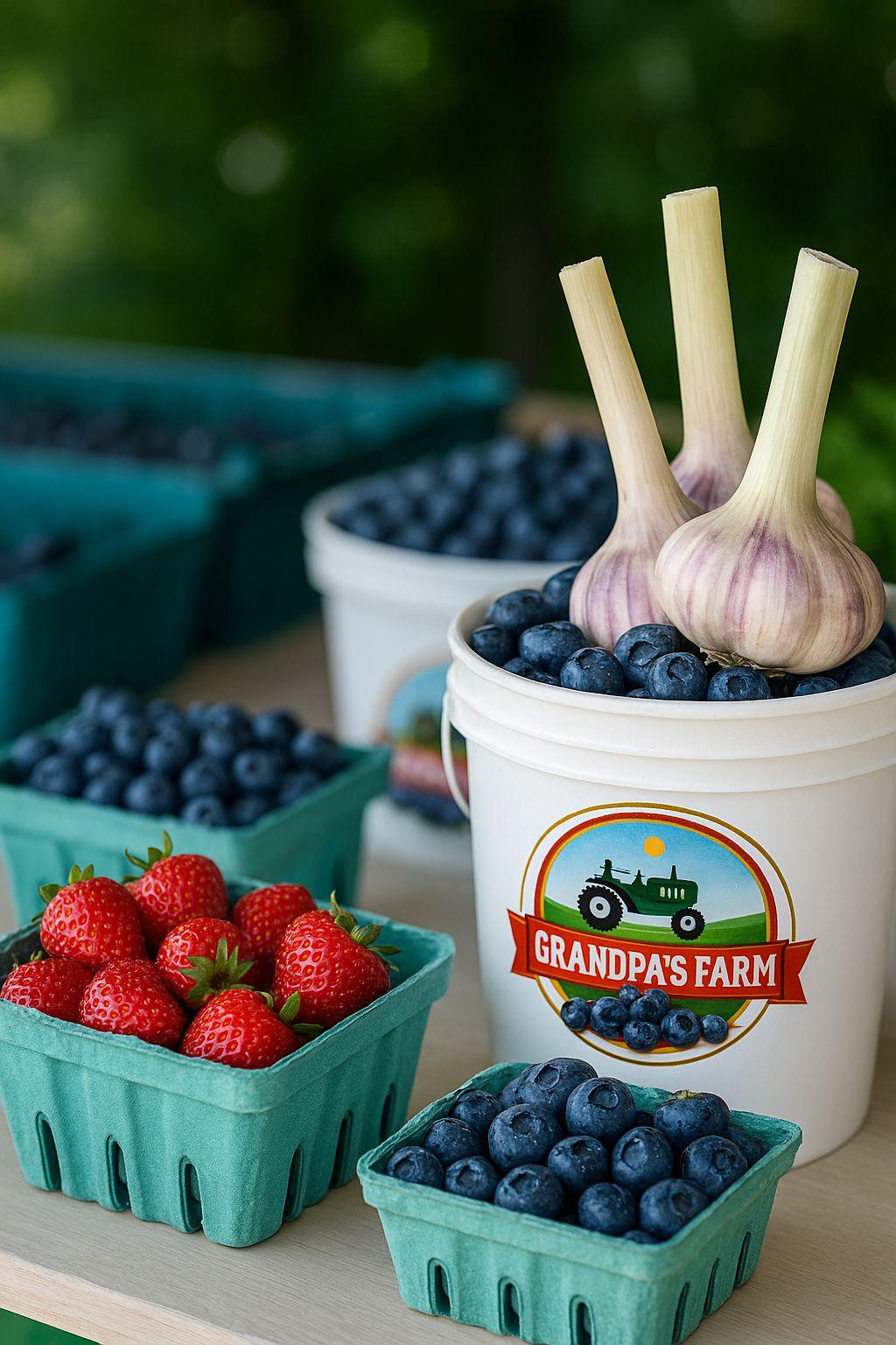 A Grandpa's Farm bucket filled with blueberries beside baskets of strawberries and farm garlic