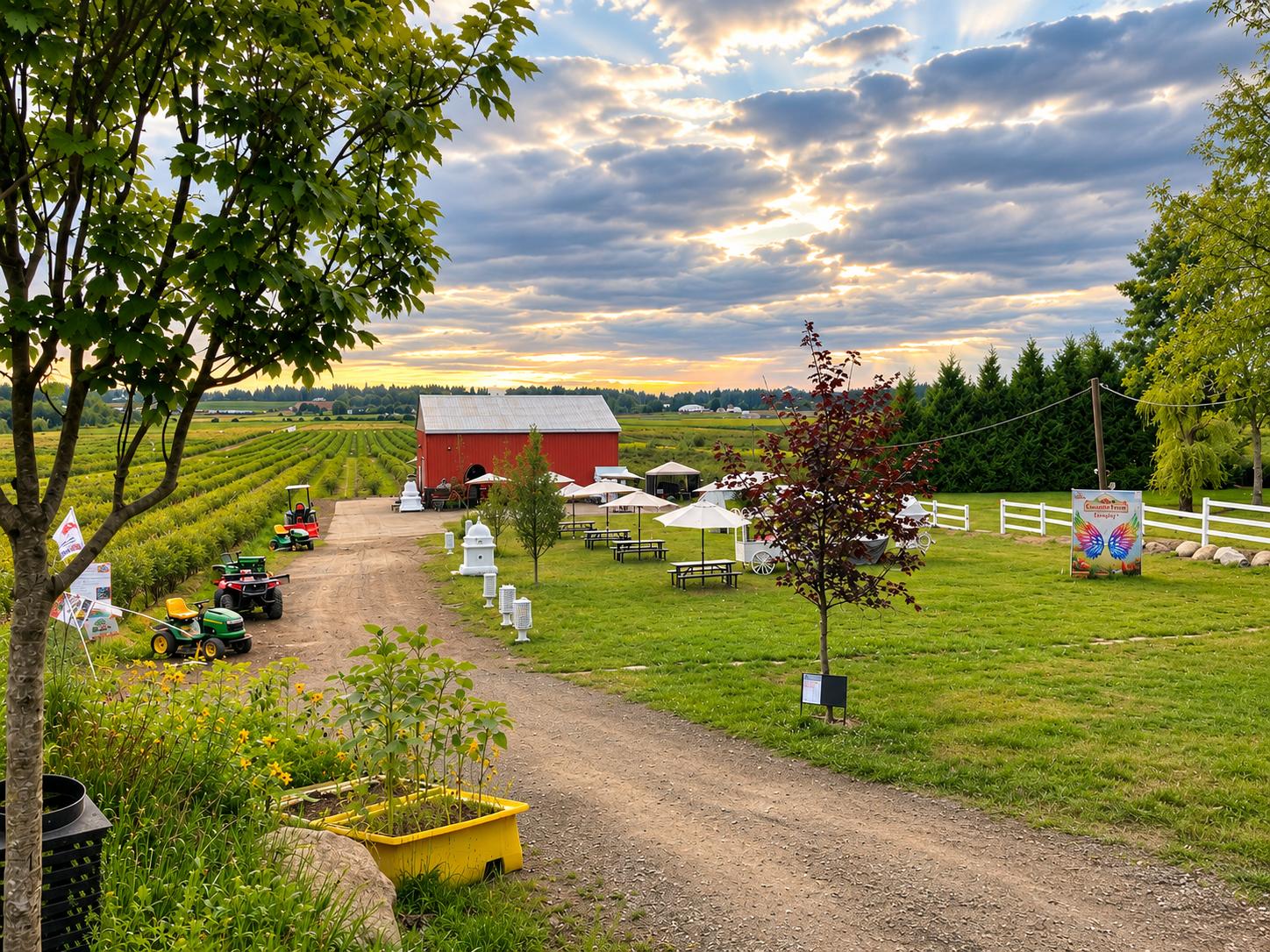 Grandpa's Farm at sunset — red barn and blueberry rows