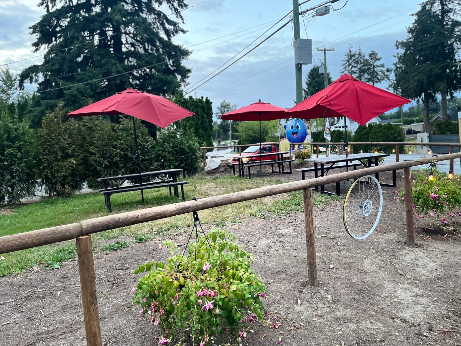 Picnic tables under red umbrellas at the farm